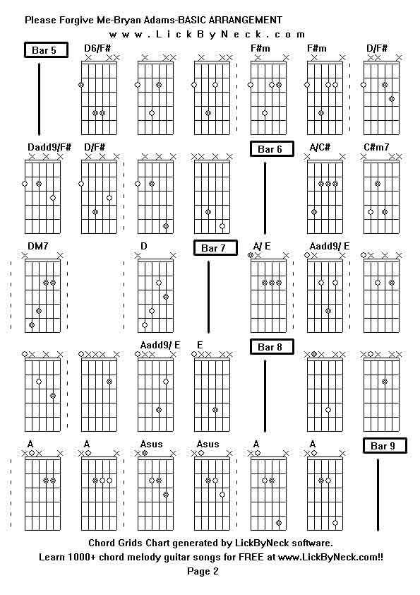 Chord Grids Chart of chord melody fingerstyle guitar song-Please Forgive Me-Bryan Adams-BASIC ARRANGEMENT,generated by LickByNeck software.